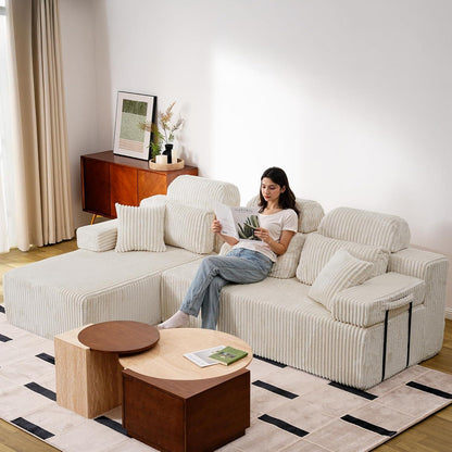 L-Form Schlafsofa Cord 276cm – Weiß, Ottomane links/rechts