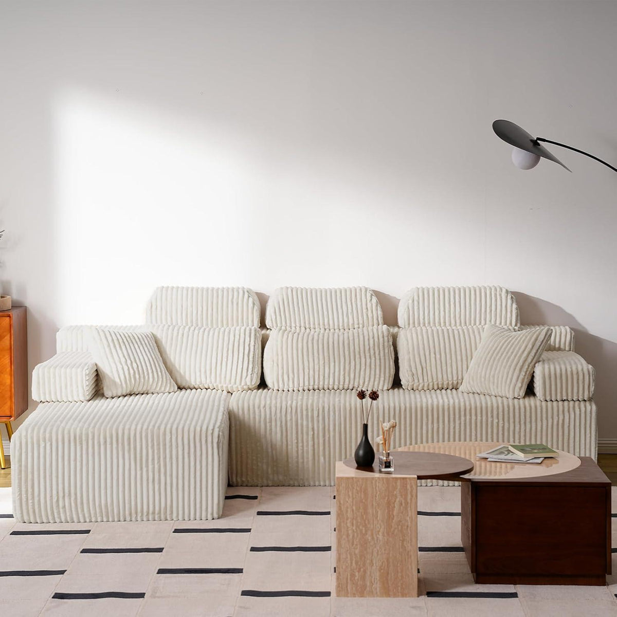 L-Form Schlafsofa Cord 276cm – Weiß, Ottomane links/rechts