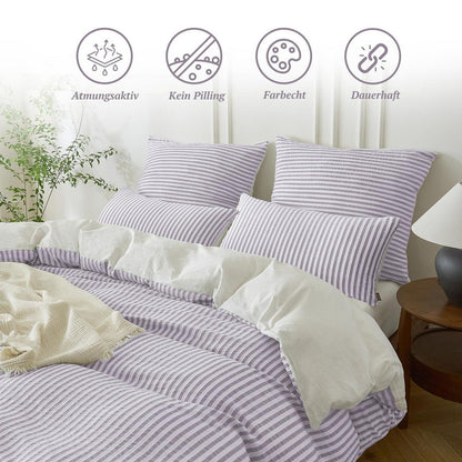 Bettwäsche-Set 135x200 Baumwolle Gestreift Violett & Weiß 4tlg.