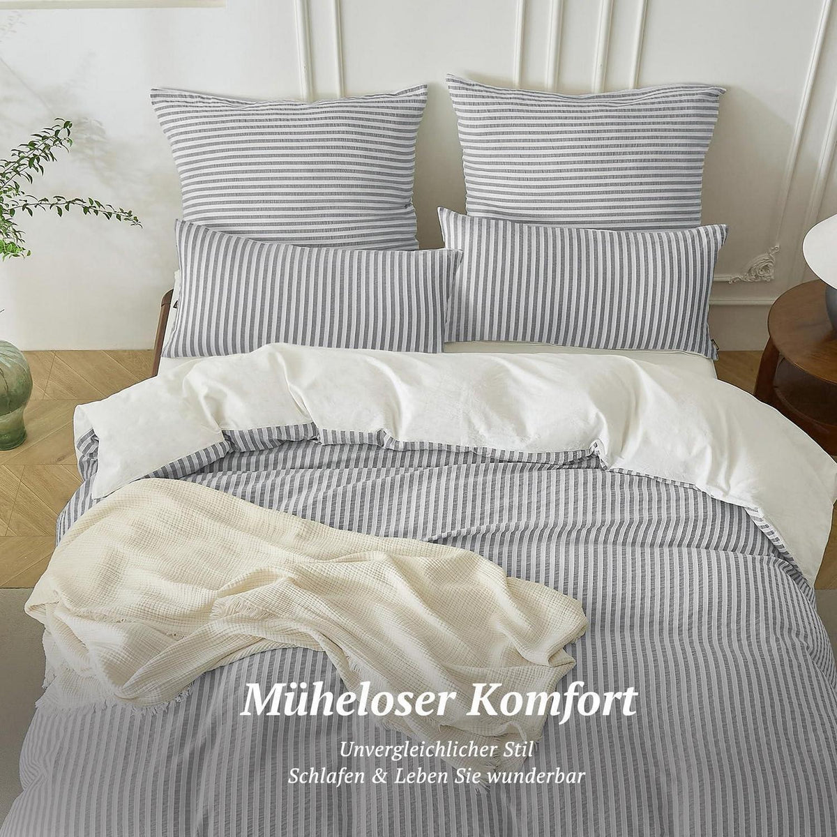Bettwäsche-Set 135x200 Baumwolle Gestreift Hellgrau & Weiß 4tlg.