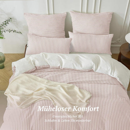 Bettwäsche-Set 135x200 Baumwolle Gestreift Rosa & Weiß 4tlg.