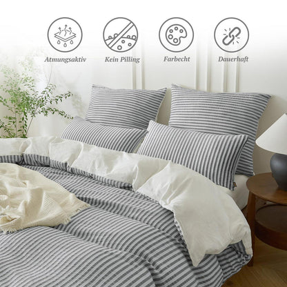 Bettwäsche-Set 135x200 Baumwolle Gestreift Dunkelgrau & Weiß 4tlg.