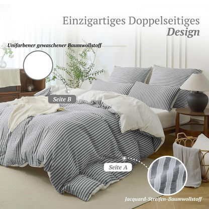 Bettwäsche-Set 135x200 Baumwolle Gestreift Dunkelgrau & Weiß 4tlg.