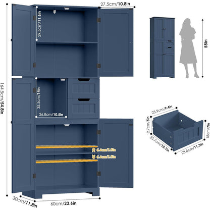 Hochschrank Dunkelblau mit 4 Türen & 2 Schubladen