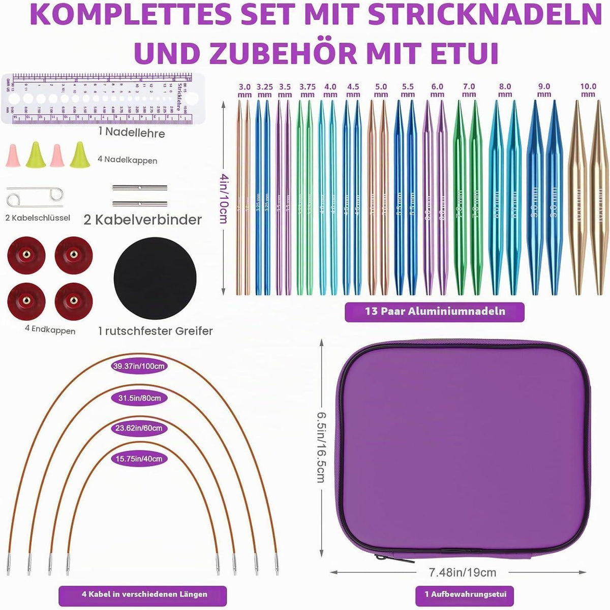 Austauschbares Rundstricknadel Set mit Zubehör – 13 Paar Nadeln