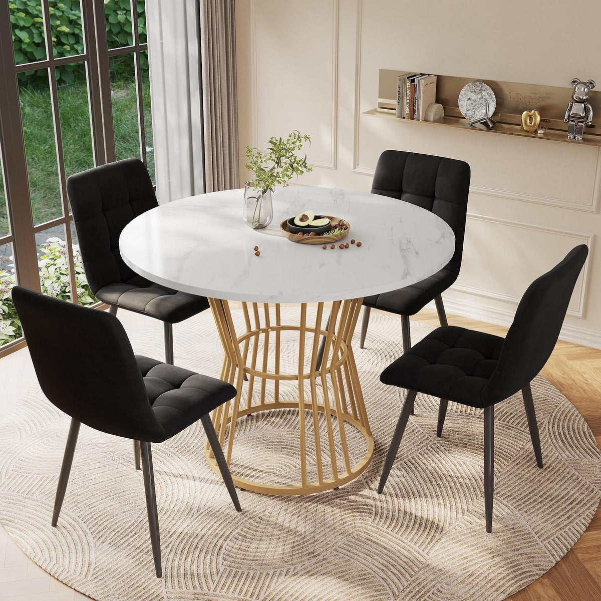 5-teiliges Esstisch Set Schwarz + Gold – Modernes Esszimmer