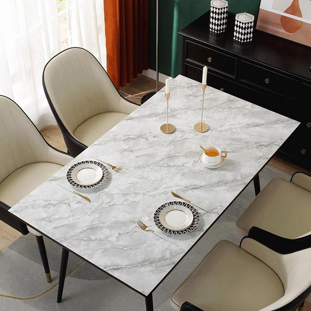 Wasserdichte PVC Tischdecke Weiß Marmor 90x200 cm Rechteck