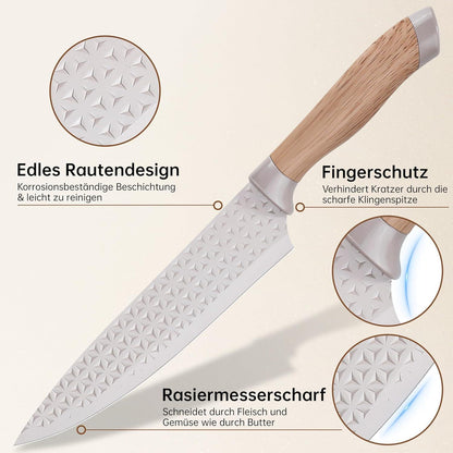 6-teiliges Messerset mit Block – Khaki Küchenmesser Set