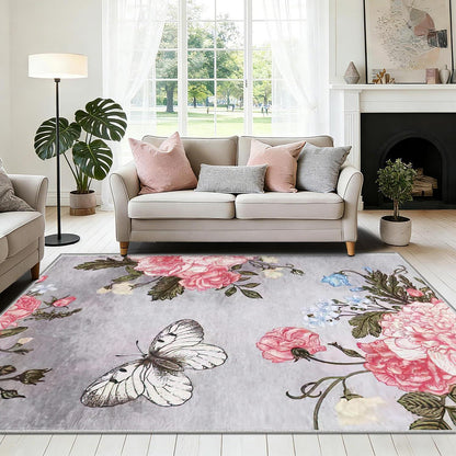 Waschbarer Kurzflor Teppich 180x280cm Schmetterlingsblumen Grau