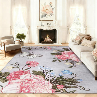 Waschbarer Kurzflor Teppich 180x280cm Schmetterlingsblumen Grau