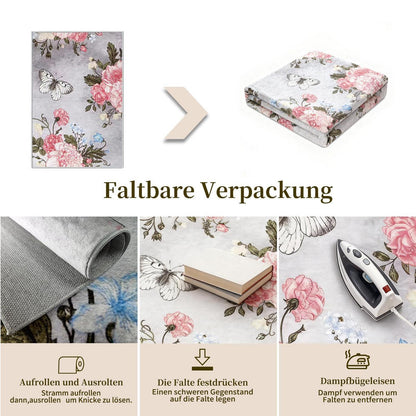 Waschbarer Kurzflor Teppich 180x280cm Schmetterlingsblumen Grau