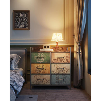 Kommode mit 6 Schubladen, Vintage-Blumenmuster, Rustikales Braun