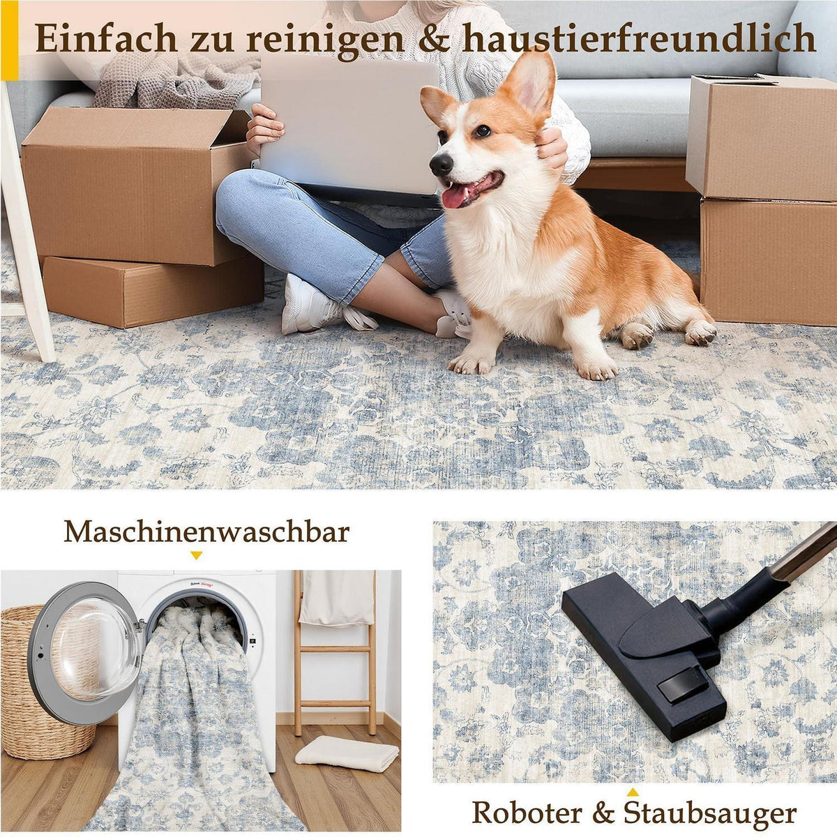 Vintage Teppich Blau 200x300cm - Waschbarer Wohnzimmerteppich
