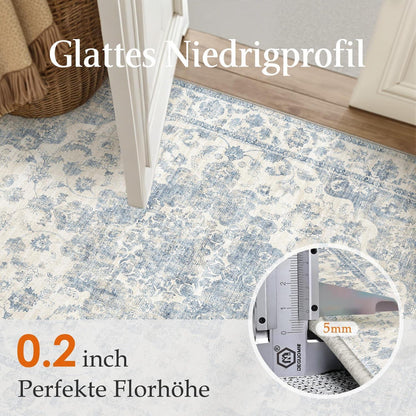 Vintage Teppich Blau 200x300cm - Waschbarer Wohnzimmerteppich