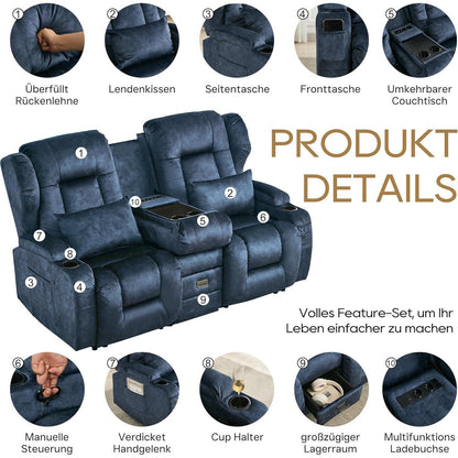 2er Relaxsessel mit Liegefunktion & Konsole – Blau