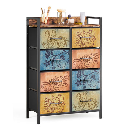 Kommode mit 8 Schubladen, Vintage-Blumenmuster, Rustikales Braun