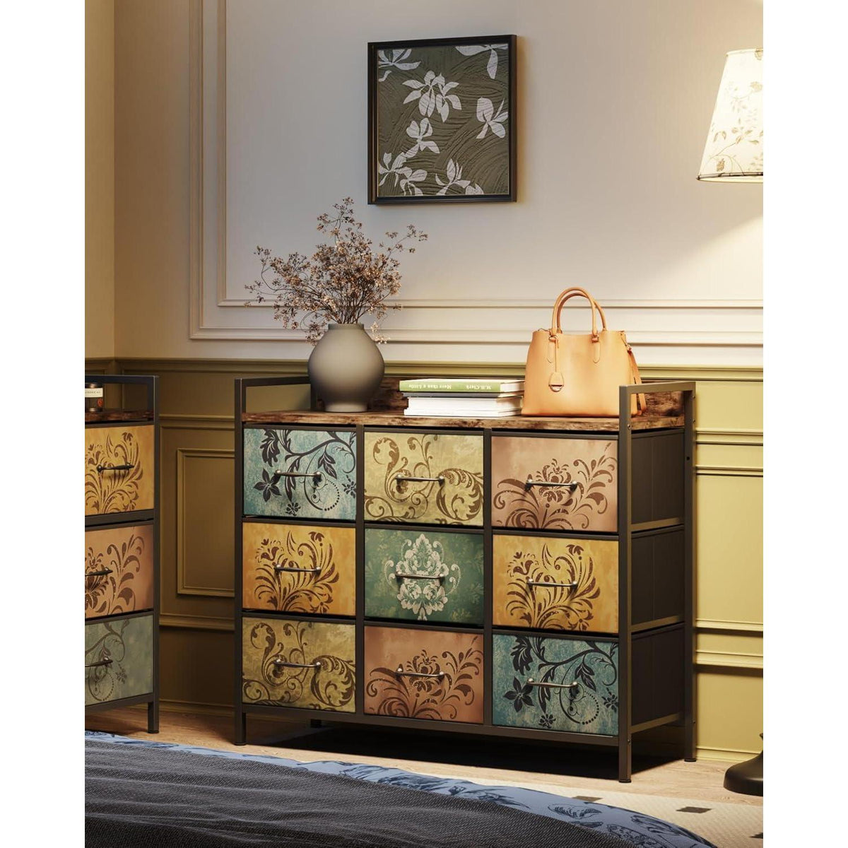 Kommode mit 9 Schubladen, Vintage-Blumenmuster, Rustikales Design