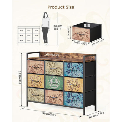 Kommode mit 9 Schubladen, Vintage-Blumenmuster, Rustikales Design