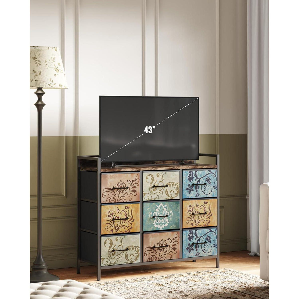 Kommode mit 9 Schubladen, Vintage-Blumenmuster, Rustikales Design