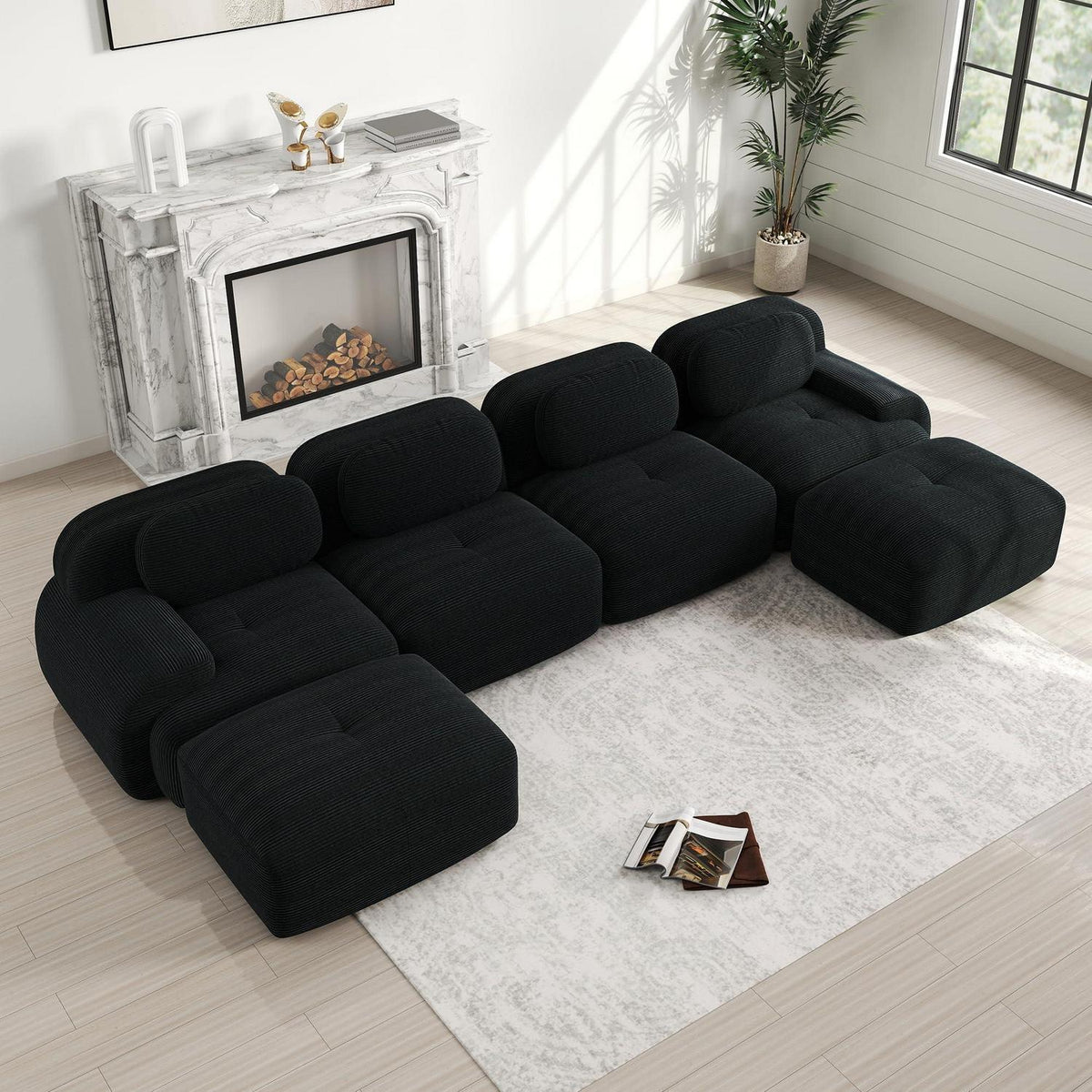 Modulares 4-Sitzer Cord Sofa mit Ottomane – Schwarz