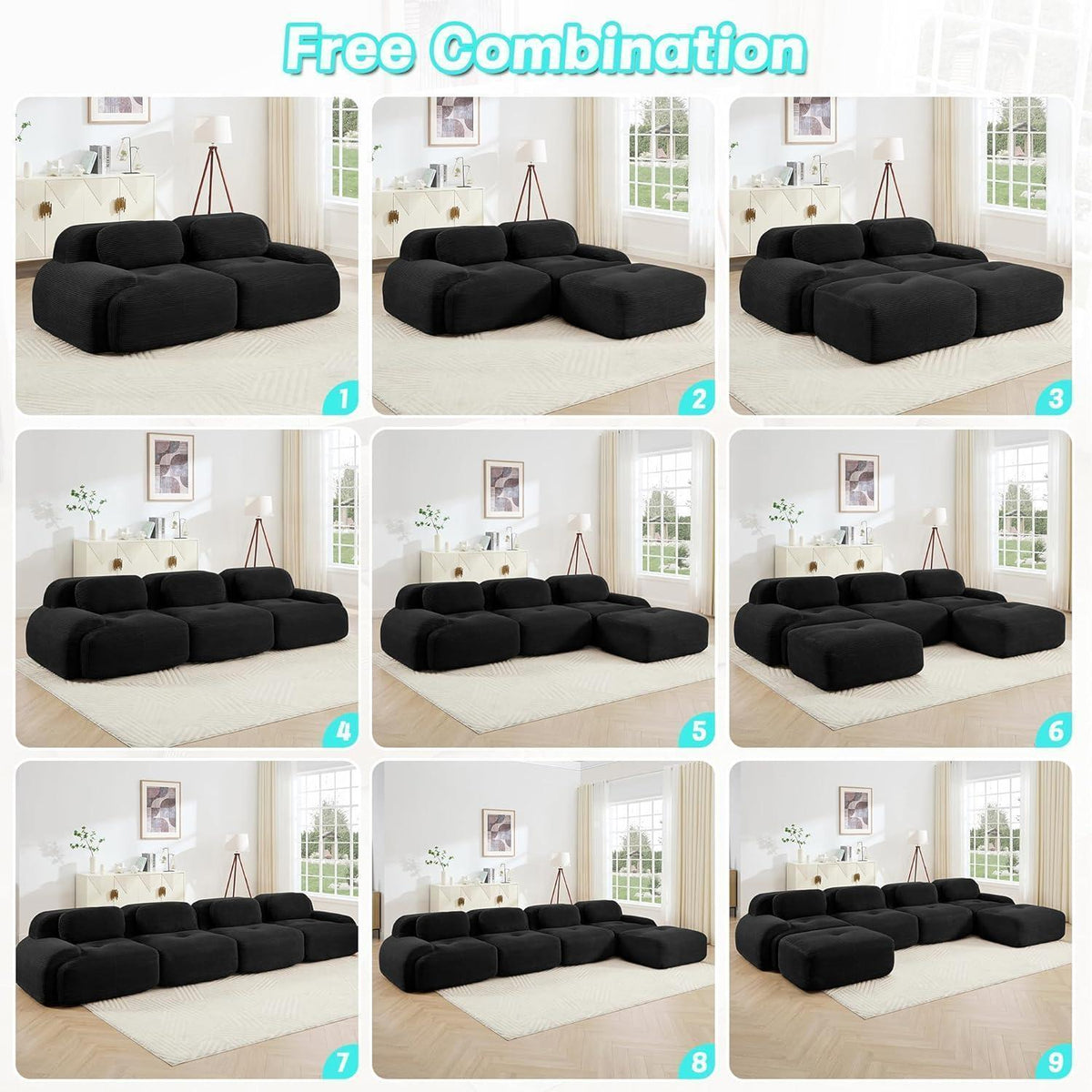Modulares 4-Sitzer Cord Sofa mit Ottomane – Schwarz