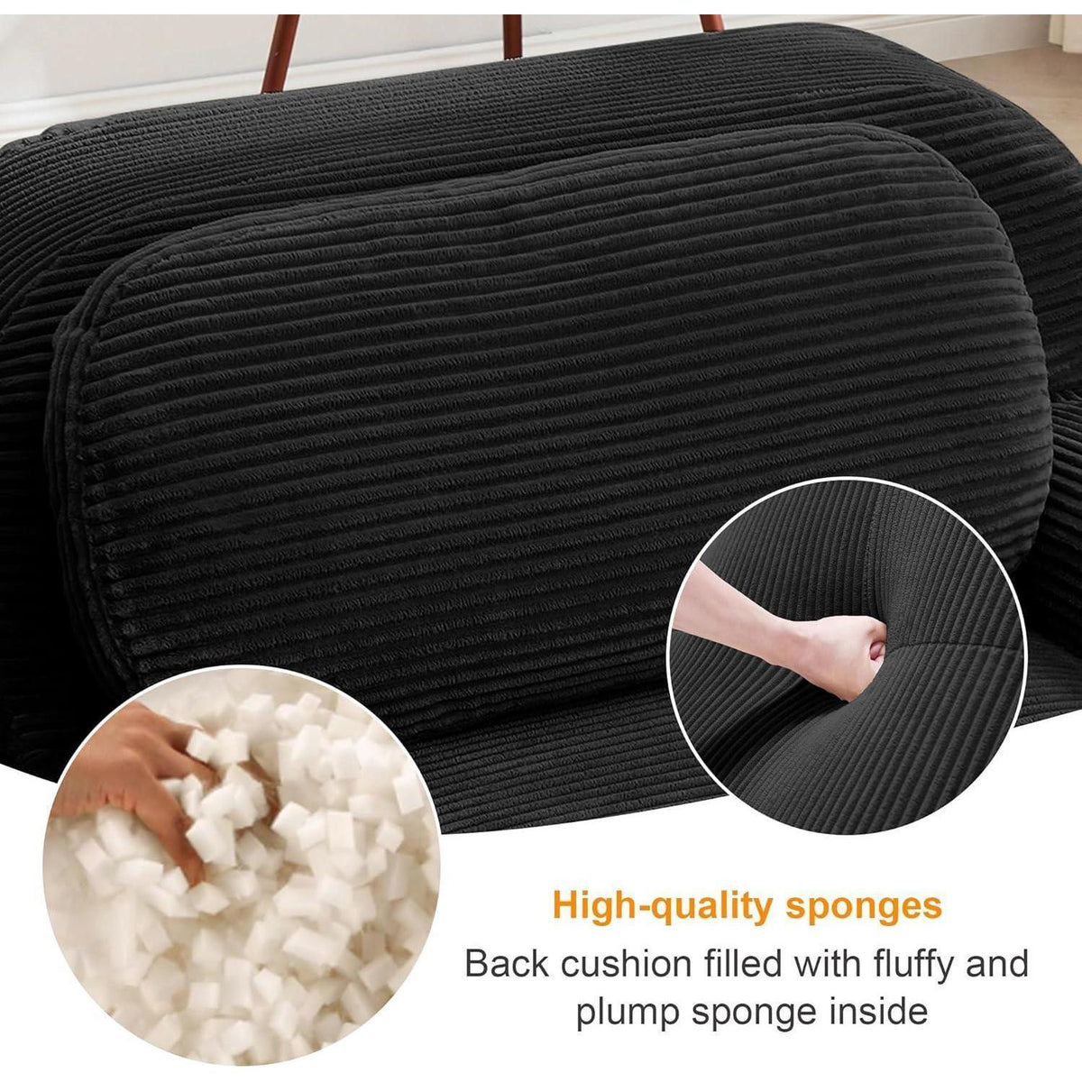 Modulares 4-Sitzer Cord Sofa mit Ottomane – Schwarz