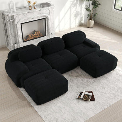 Modulares 3-Sitzer Cord Sofa mit Ottomane – Schwarz