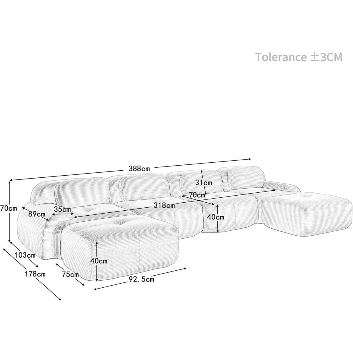 Modulares Cord Sofa 4-Sitzer mit Ottomane – Grau