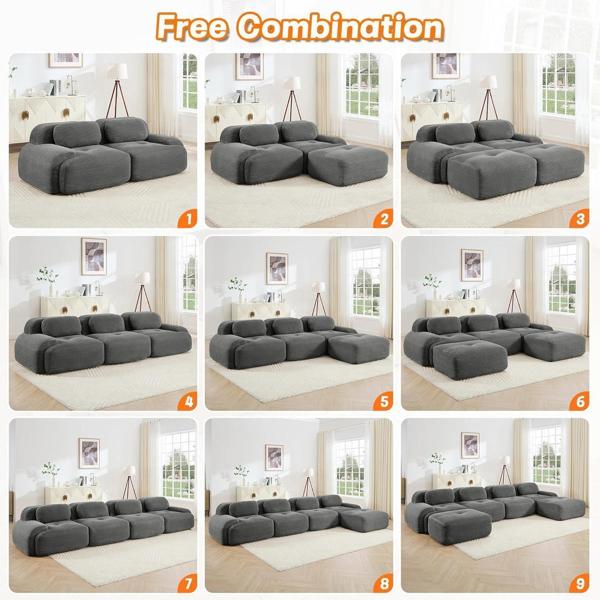 Modulares Cord Sofa 4-Sitzer mit Ottomane – Grau