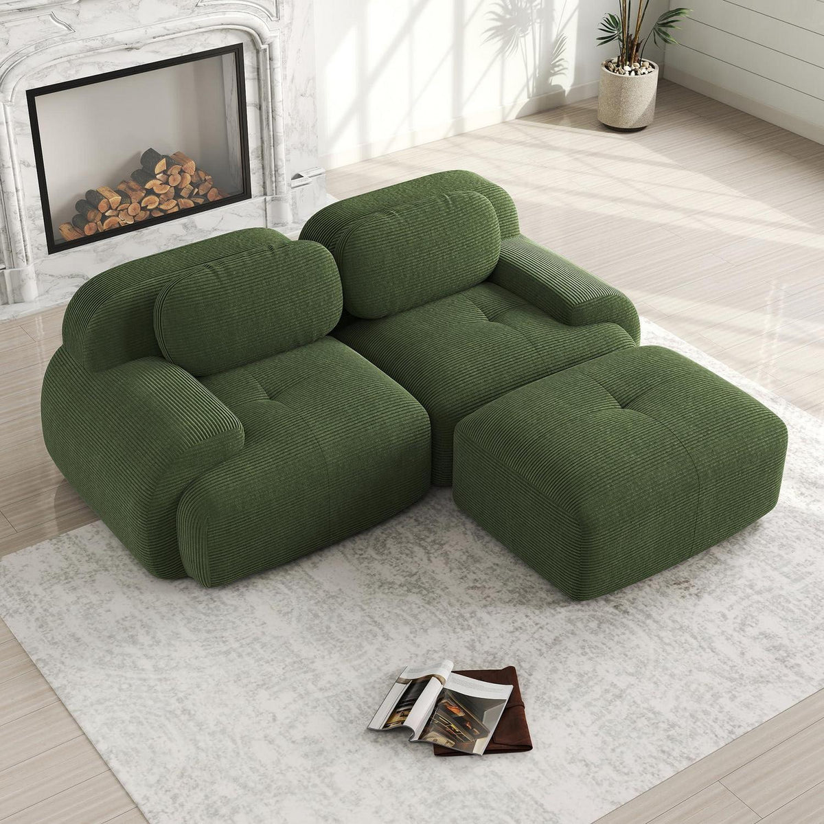 Modulares Cord Sofa 2-Sitzer mit Ottomane – Grün