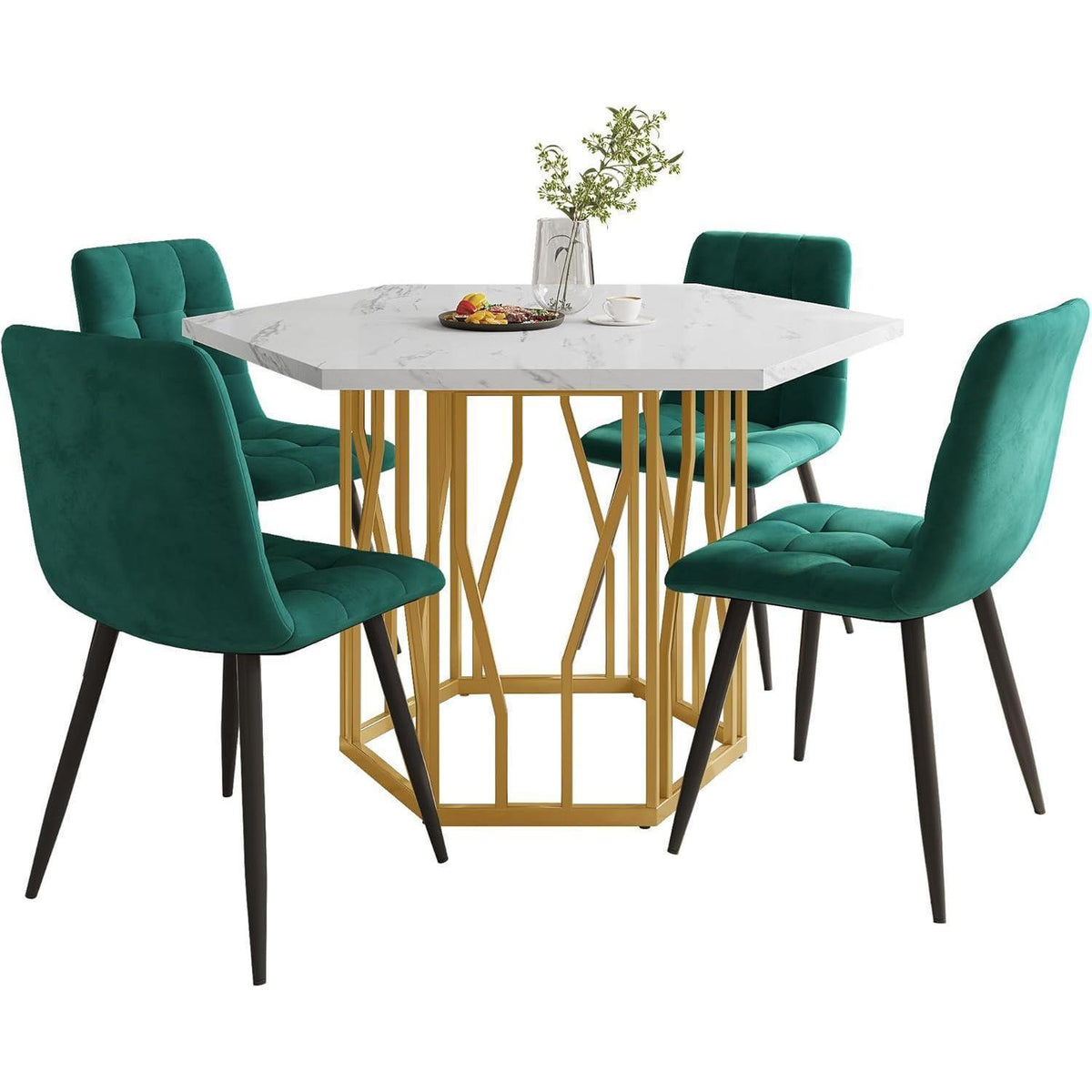 Sechseckiger Esstisch Set Grün + Gold – 5-teilig, 115x100cm