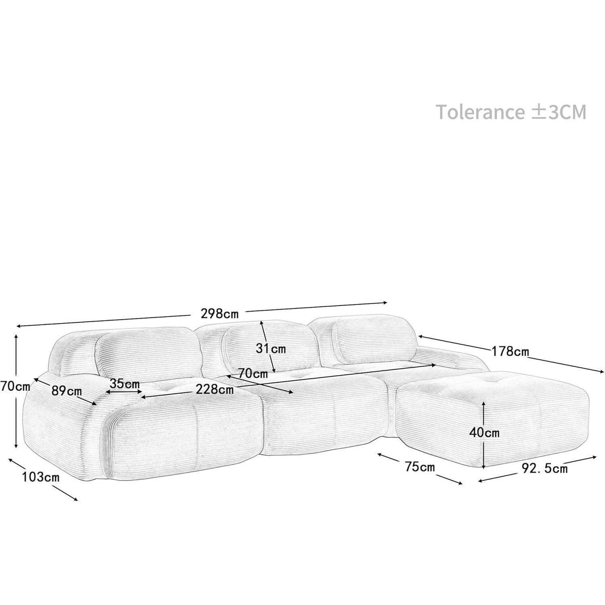 Modulares Cord Sofa 3-Sitzer mit Ottomane – Grün