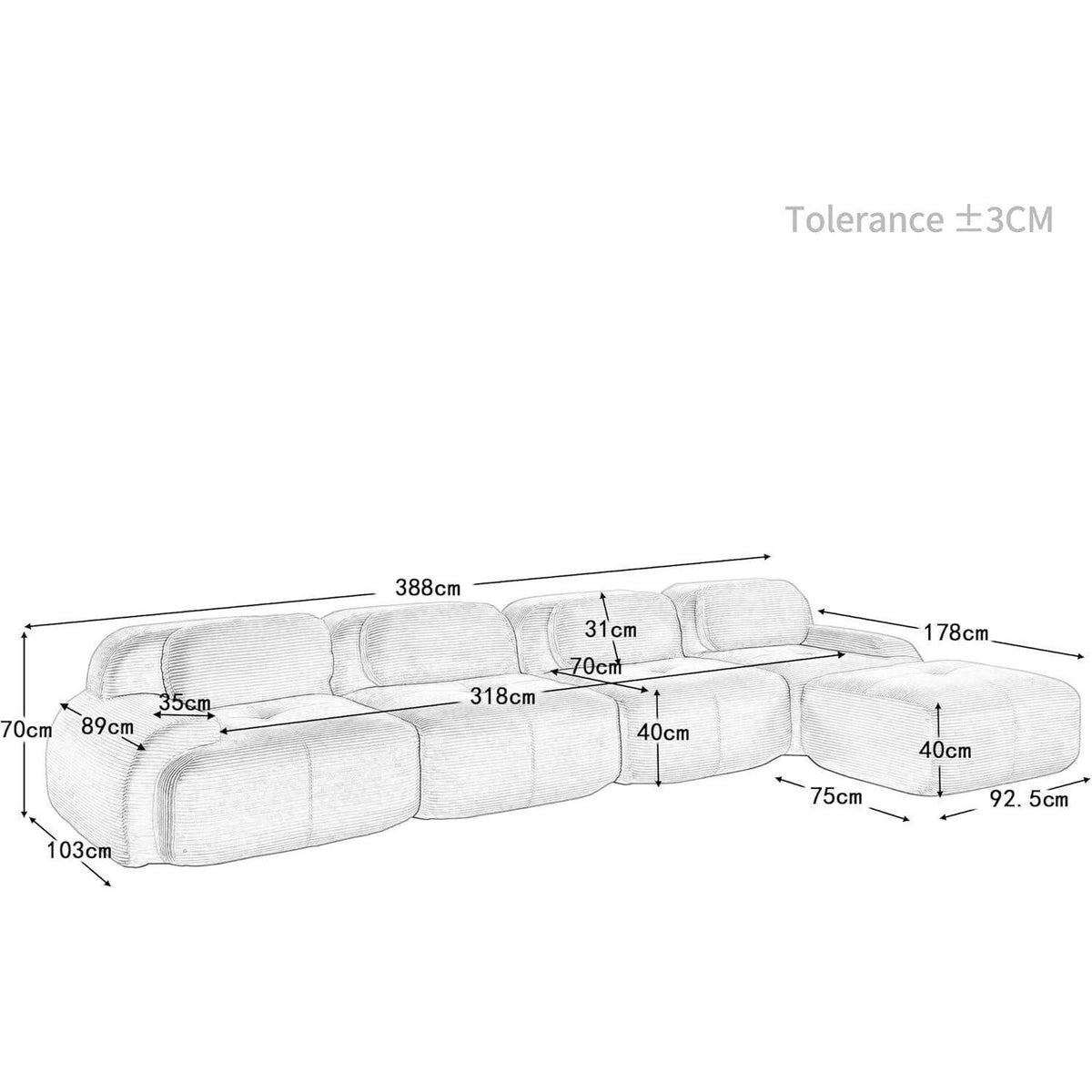 Modulares 4-Sitzer Cord Sofa mit Ottomane – Schwarz