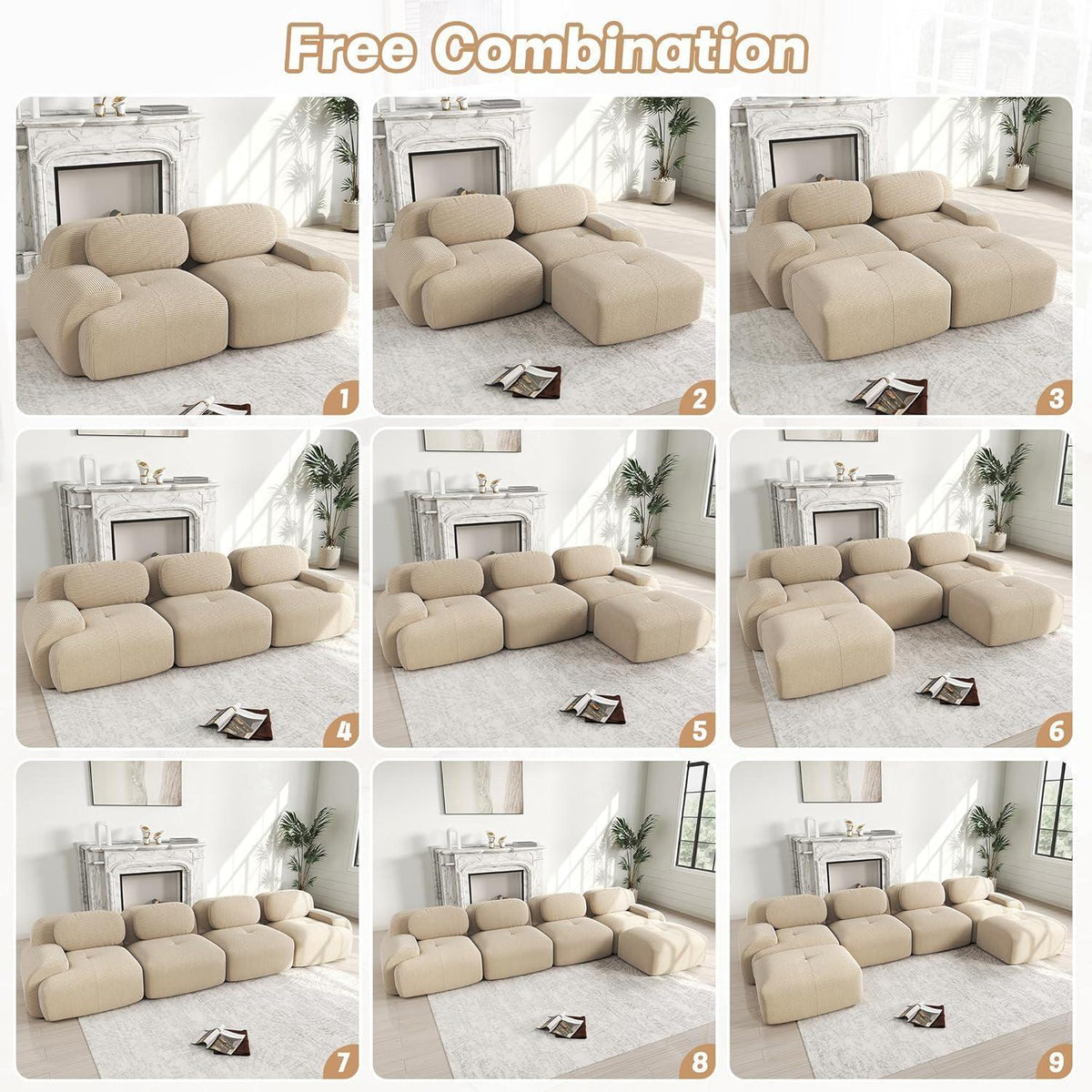 Modulares Cord Sofa 4-Sitzer mit Ottomane – Beige