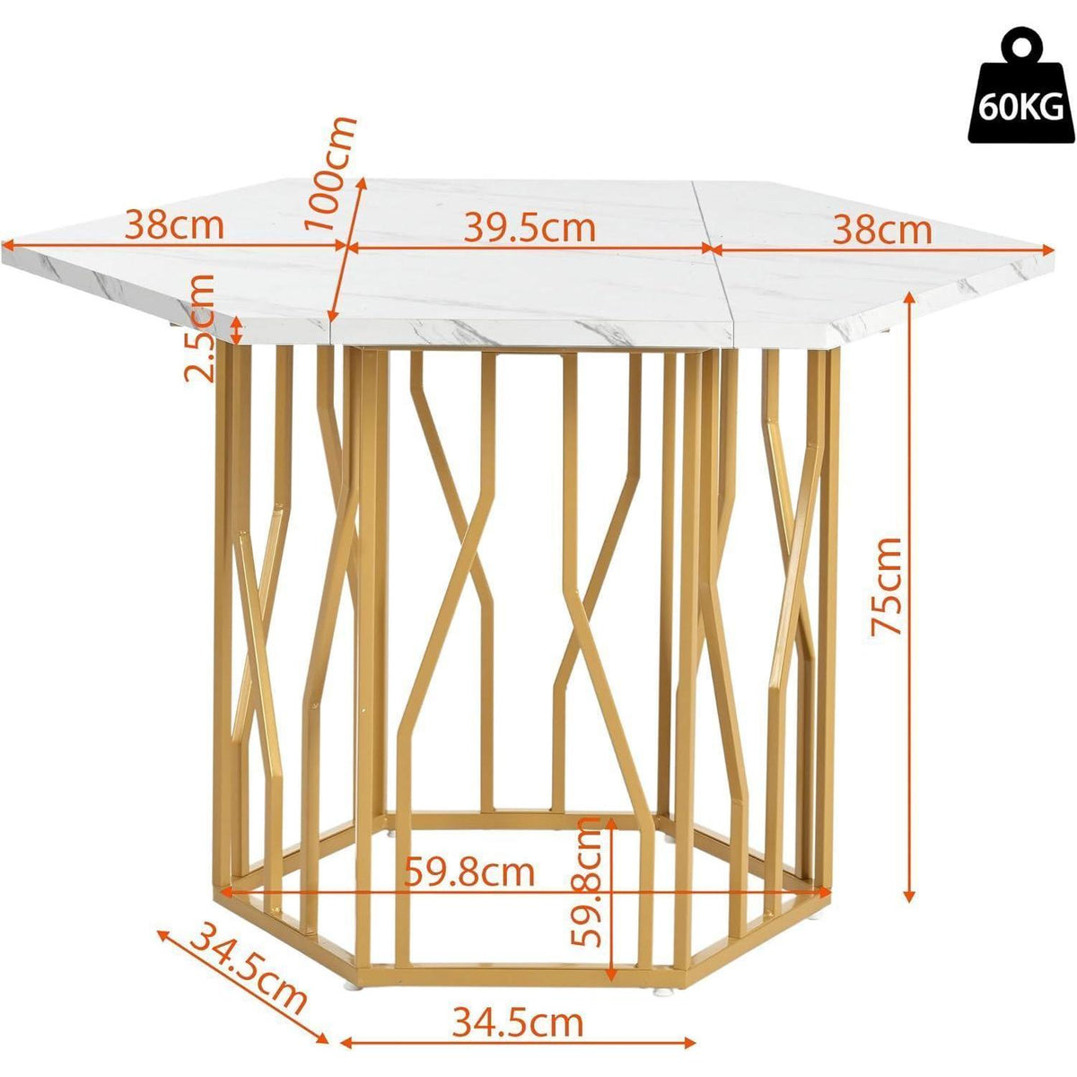 Sechseckiger Esstisch Set Schwarz Gold – 5-teilig, 115x100cm