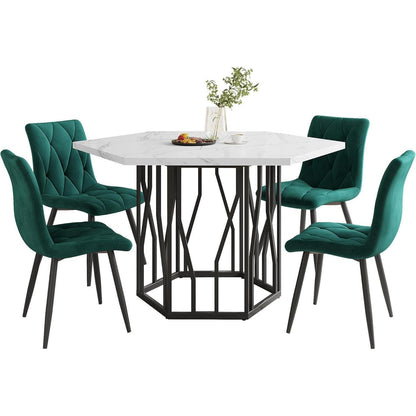 Sechseckiger Esstisch Set Grün Schwarz – 5-teilig, 115x100cm