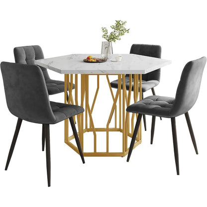 Sechseckiger Esstisch Set Grau & Gold – 5-teilig, 115x100cm