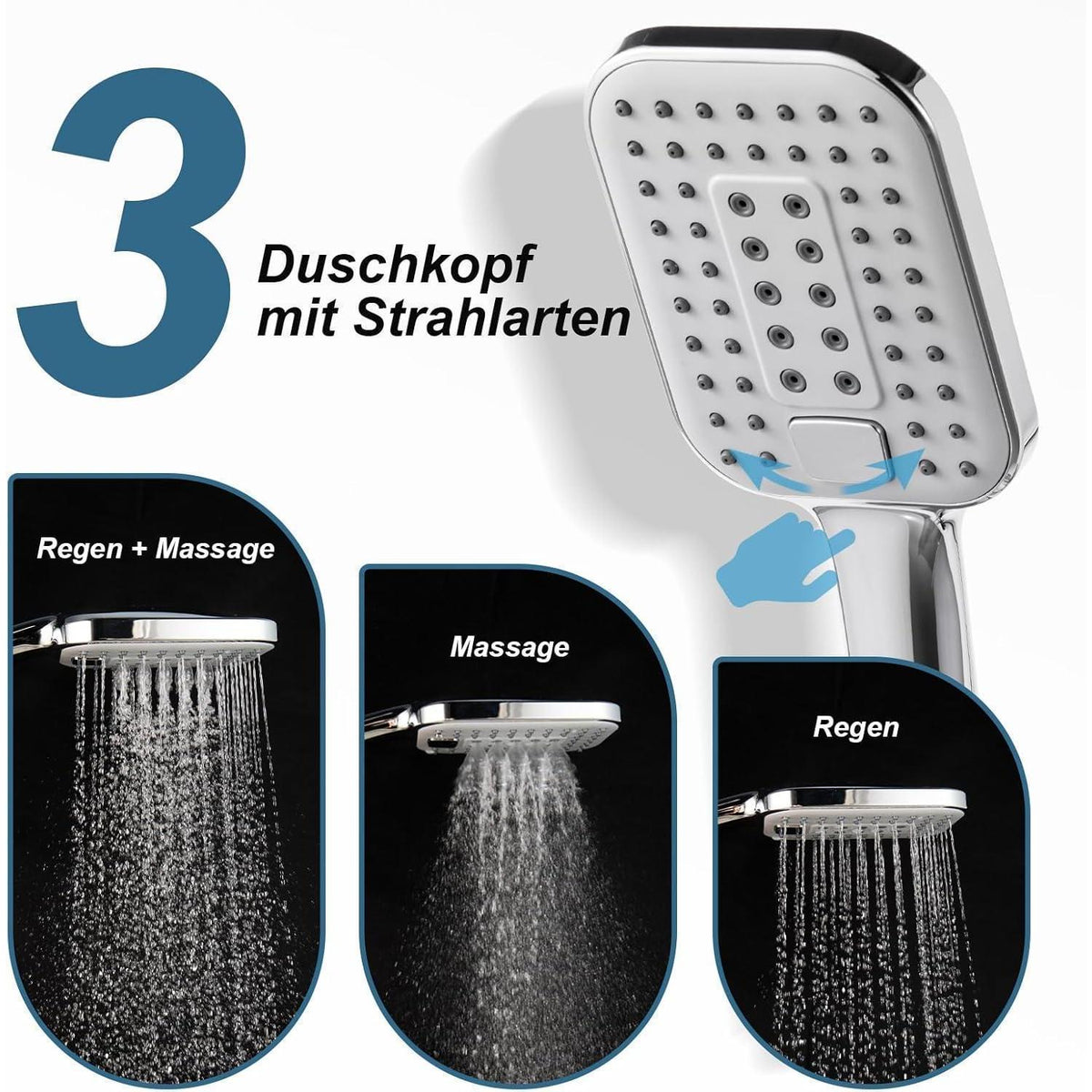OFFO Duschset Chrom – 3 Strahlarten & Verstellbare Höhe