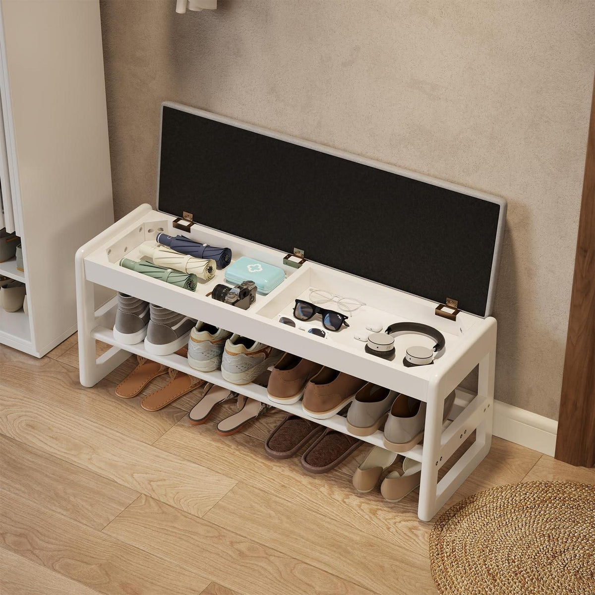 Schuhbank mit Kissen & Stauraum – Holzbank für Flur & Eingang (Weiß)