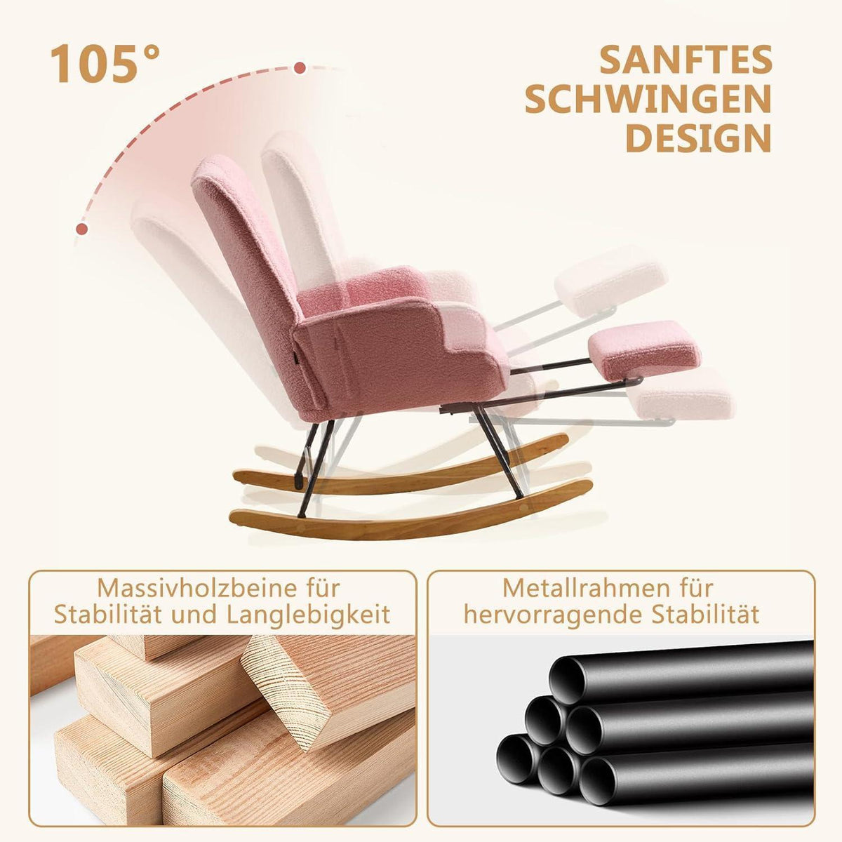 Schaukelstuhl mit Fußstütze – Rosa Relaxsessel mit Holzkufen