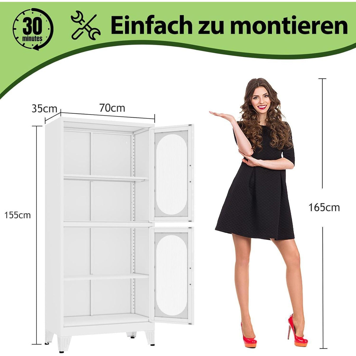 Metallküche Speisekammer Schrank mit Acrylglas & Regalen (Weiß)