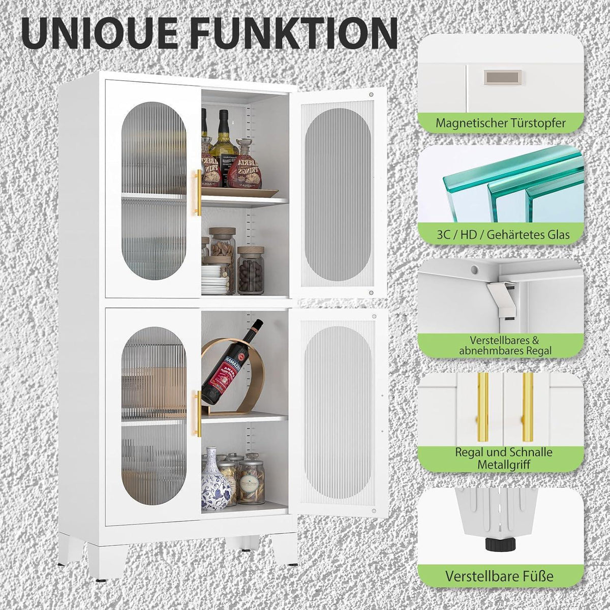 Metallküche Speisekammer Schrank mit Acrylglas & Regalen (Weiß)
