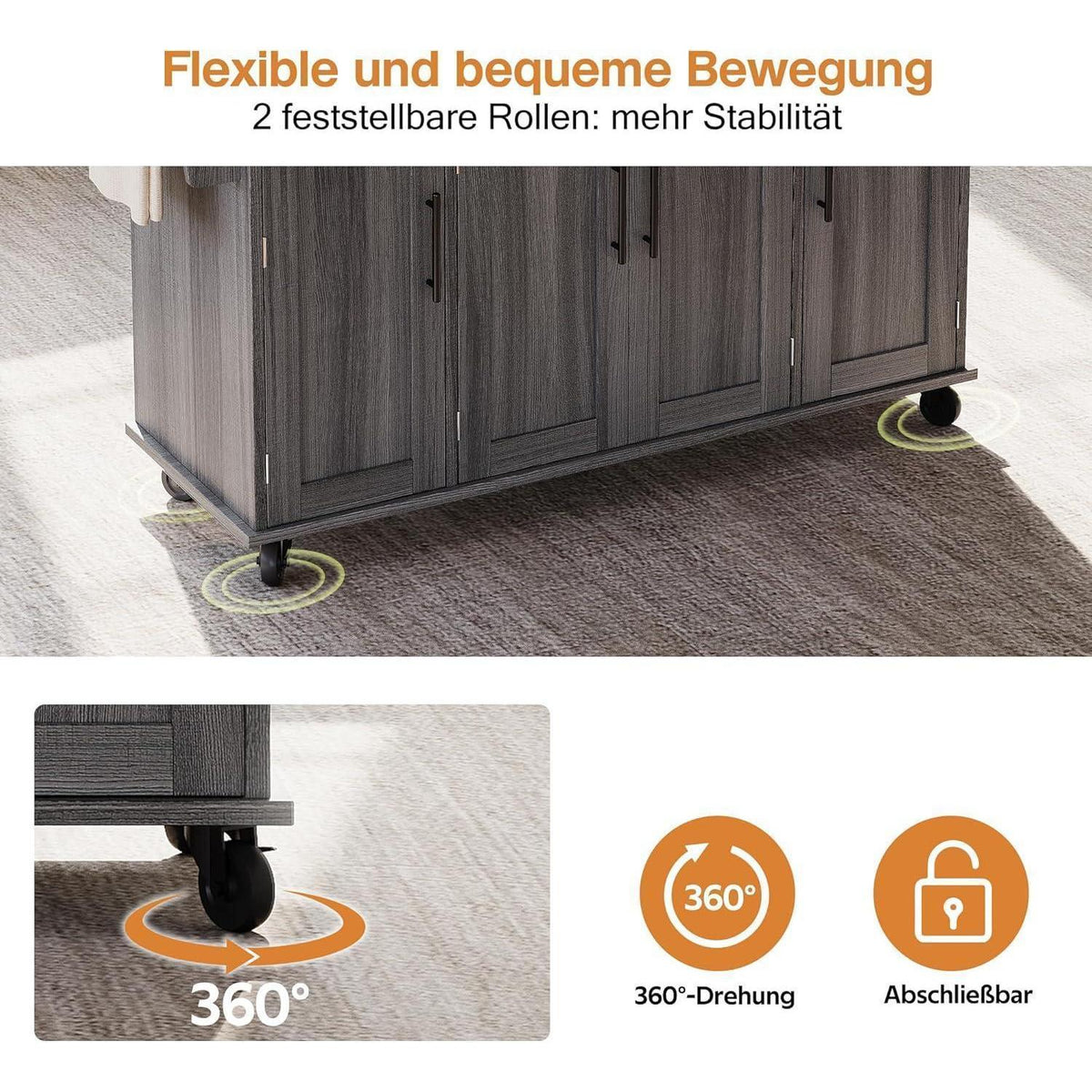 Beweglicher Küchenwagen mit Klappplatte & Schubladen Grau