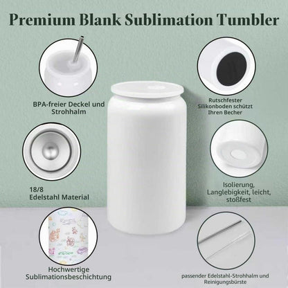 12x Sublimationsbecher 16oz mit Deckel & Strohhalm