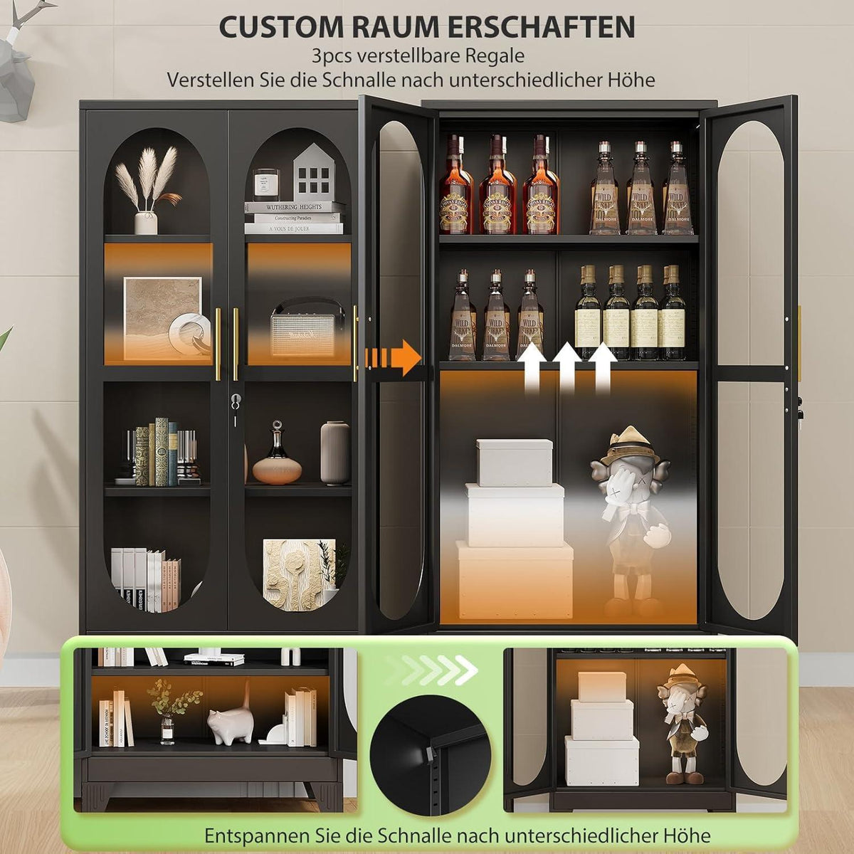 Schließbarer Vitrinen-Schrank 155cm – Glastür & 3 Regale