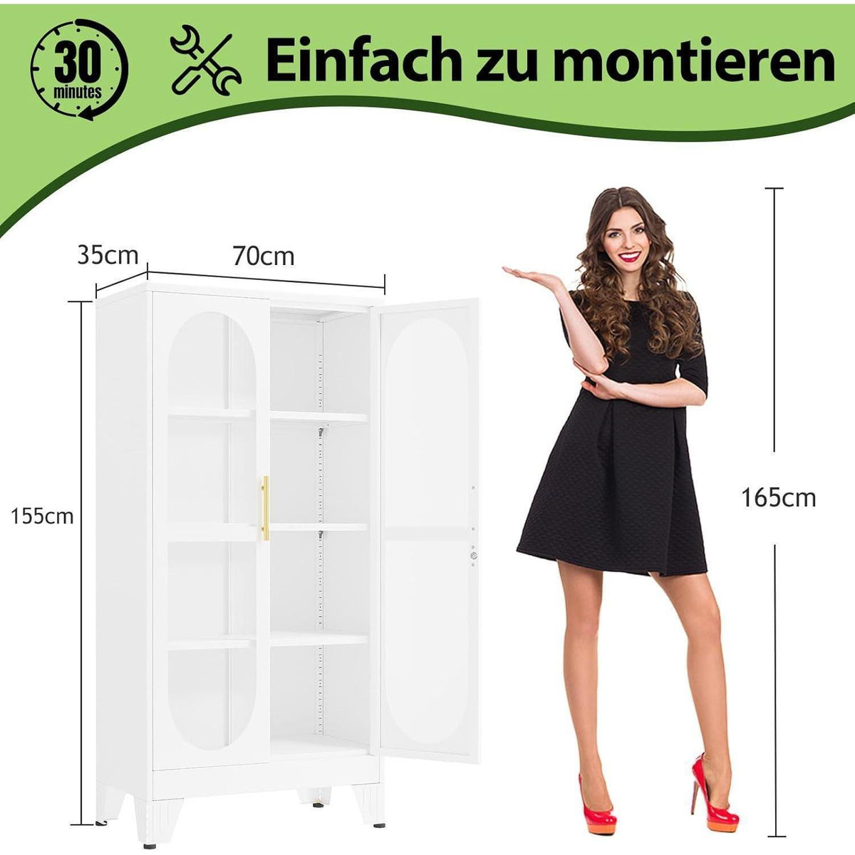 Schließbarer Vitrinen-Schrank 155cm – Glastür & Verstellbare Regale