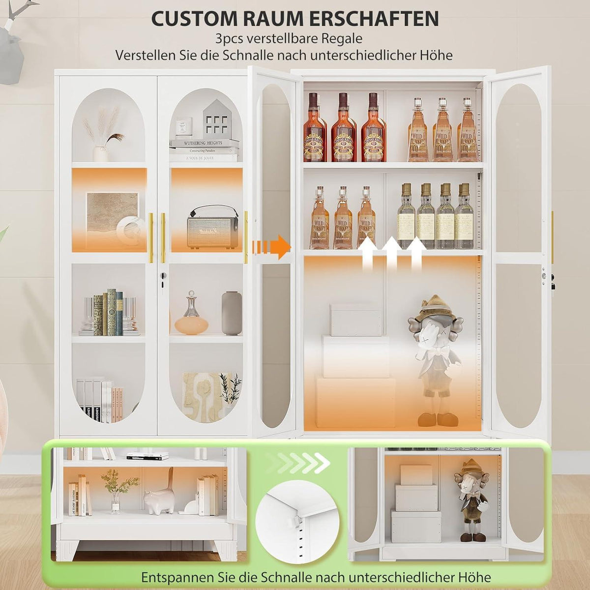 Schließbarer Vitrinen-Schrank 155cm – Glastür & Verstellbare Regale
