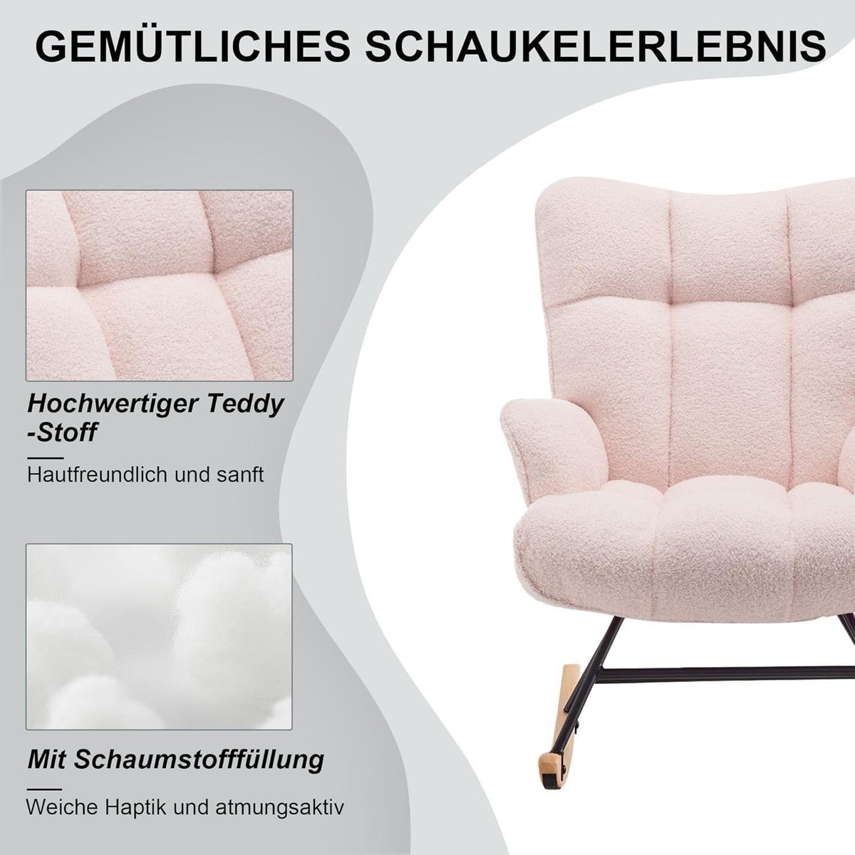 Rosa Schaukelstuhl mit Armlehnen – Bequemer Stillstuhl für Wohnzimmer