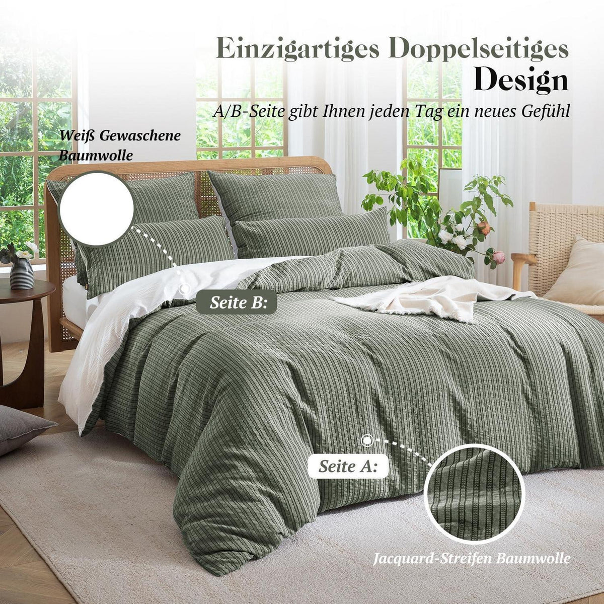 Bettwäsche-Set 135x200 Baumwolle Olivgrün 4tlg.