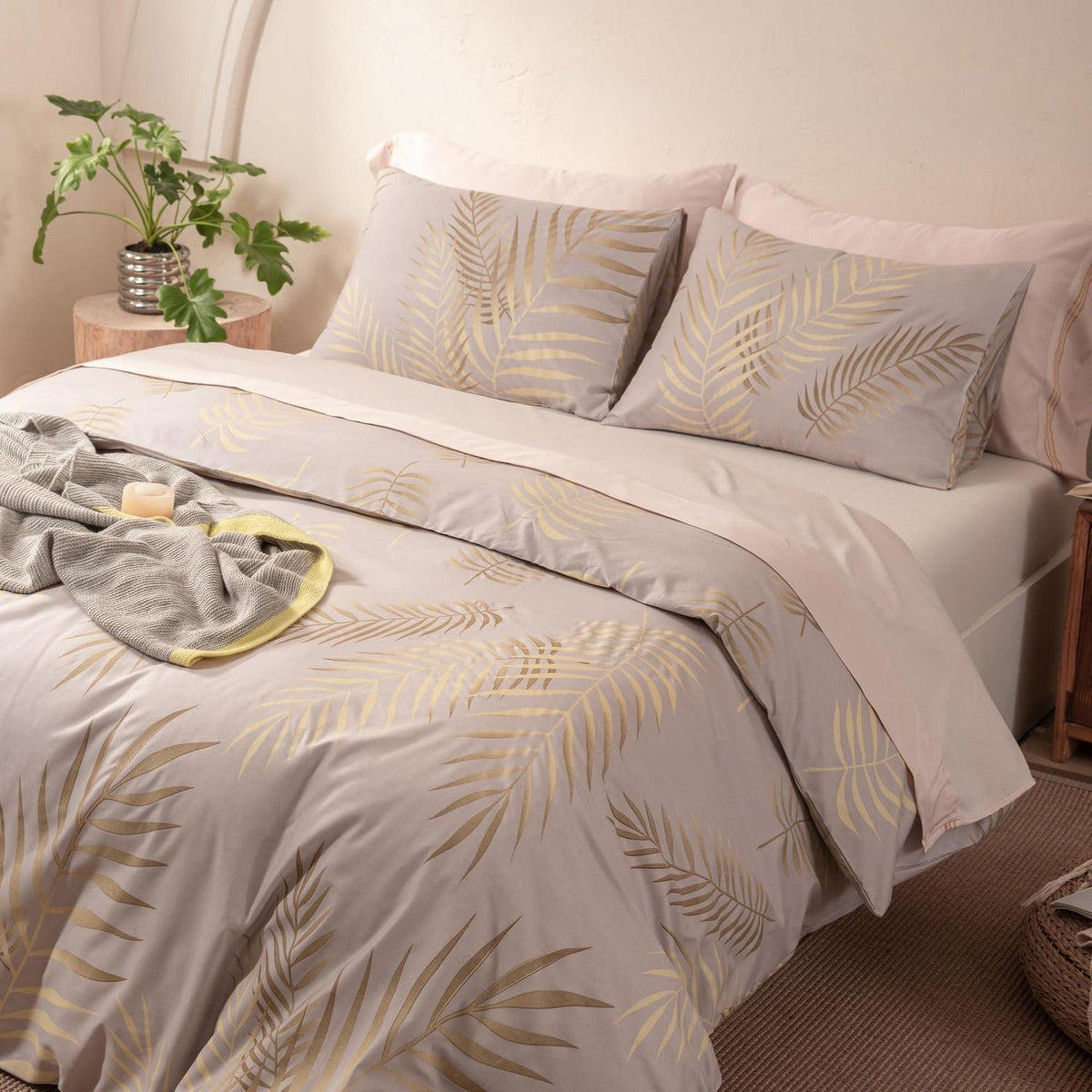 Mikrofaser Bettwäsche-Set 220x240 cm Beige Blätter-Design